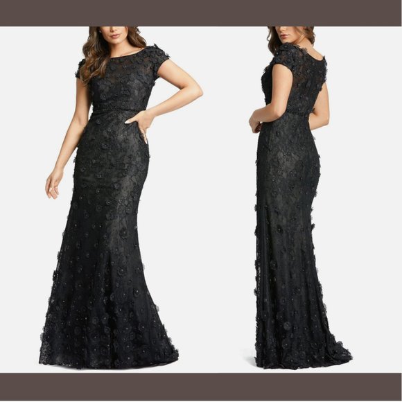 NEW $598 Mac Duggal [ 4 ] Floral Appliqué Boat Neck Short Sleeve Gown Black Q546 - Picture 1 of 16